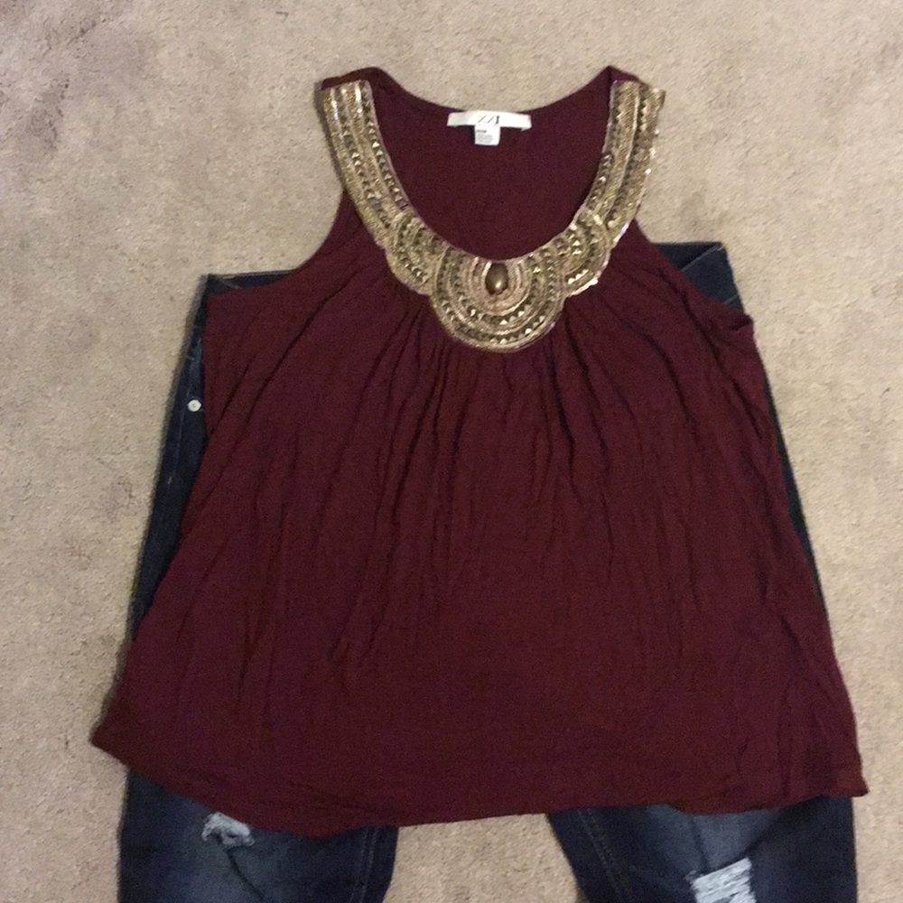 Embellished tank maroon and gold